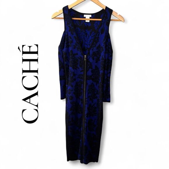Y2K CACHE small Blue and Black cold shoulder front zip Dress - Picture 1 of 6